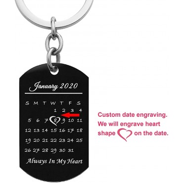 Queenberry Laser Engraved Personalized Calendar Date Photo Text Stainless Steel Dog Tag Keychain - BTZK6CT8B