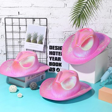 3 Pieces Metallic Cowboy Cowgirl Hats Holographic Space Rave Hat Western Disco Party Costume Accessories for Women Holographic Pink - BJMKBBAPQ