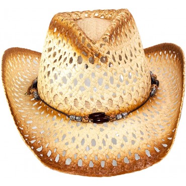 Cute Comfy Flex Fit Woven Beach Cowboy Hat Western Cowgirl Hat with Wooden Beaded Hatband - BAAADZ46I