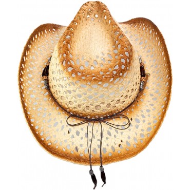 Cute Comfy Flex Fit Woven Beach Cowboy Hat Western Cowgirl Hat with Wooden Beaded Hatband - BAAADZ46I