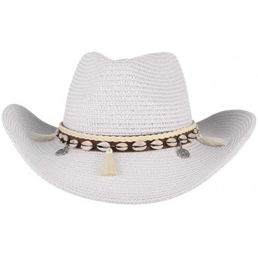 EOZY Women Men’s Cowboy Hat Western Summer Straw Hat for Girls with Wide Brim & Shell Tassels Trendy Lady Beach Sun Hats - BL6UKZ6ZD