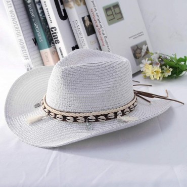 EOZY Women Men’s Cowboy Hat Western Summer Straw Hat for Girls with Wide Brim & Shell Tassels Trendy Lady Beach Sun Hats - BL6UKZ6ZD