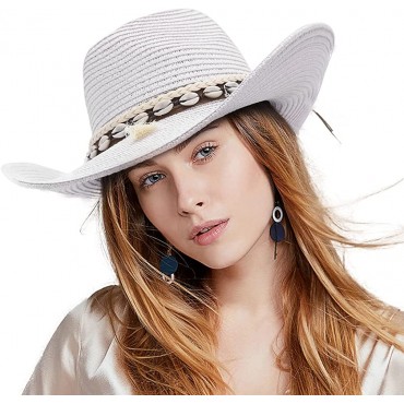 EOZY Women Men’s Cowboy Hat Western Summer Straw Hat for Girls with Wide Brim & Shell Tassels Trendy Lady Beach Sun Hats - BET5XLAE1