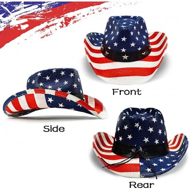 FLUFFY SENSE. American Flag Cowboy Hat USA Vintage Western Style Party Parade Rodeos Patriotic Unisex Cowboy Cowgirl Hat - BAM4R9VHF