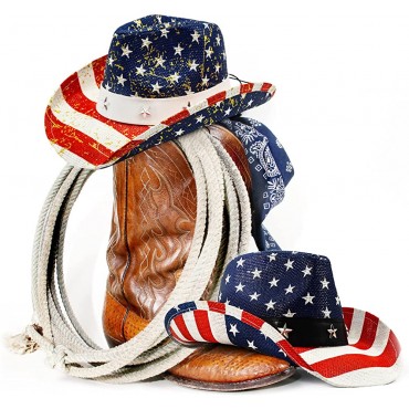 FLUFFY SENSE. American Flag Cowboy Hat USA Vintage Western Style Party Parade Rodeos Patriotic Unisex Cowboy Cowgirl Hat - BKEMROC8U