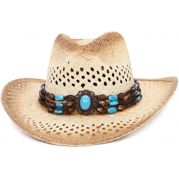 GEMVIE Cowboy Hat Western Style Straw Sun Hat for Men and Women Hollow Breathable Summer Beach Hat - B6VFBSXSE