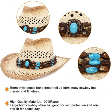 GEMVIE Cowboy Hat Western Style Straw Sun Hat for Men and Women Hollow Breathable Summer Beach Hat - B6VFBSXSE