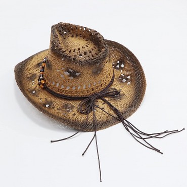 jiaoji Men & Women's Woven Straw Cowboy Cowgirl Straw Hat Cowboy Hats for Women Cowboy Hat Shapeable Brim Beach Cowgirl - BKIMOXG6H