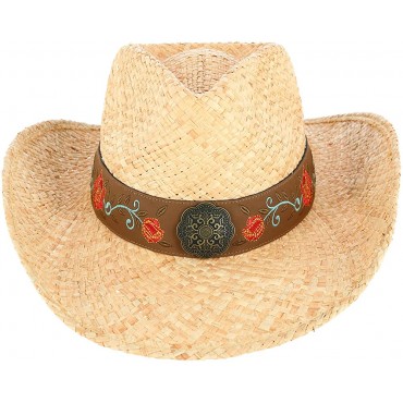 Kenny K Women's Raffia Straw Western Hat with Decorative Rose Design - BV1L3EERG