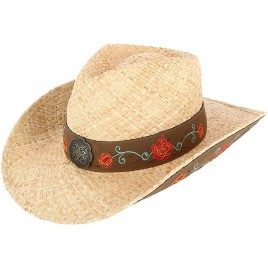 Kenny K Women's Raffia Straw Western Hat with Decorative Rose Design - BV1L3EERG