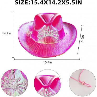 OuMuaMua 2 Pcs Hot Pink Cowboy Hat for Women Cowgirl Hat Sparkly Holographic Space Cowgirl Outfit with Crown for Women Girls Play Dress-up Party Favors - BY4Z92M3J