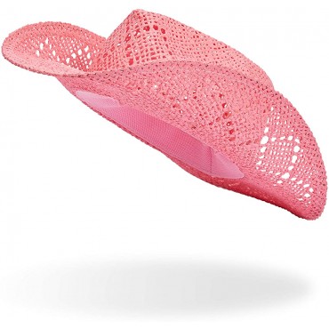 Pink Cowboy Hat for Women Straw Beach Hat Adult Size - B95RM3EHG