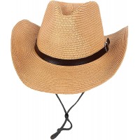 Straw Cowboy Hat Panama Woven Sun Hats Men & Women Wide Brim Cowgirl Western-Hat with Belt Summer Beach Khaki - BMOC8AC29