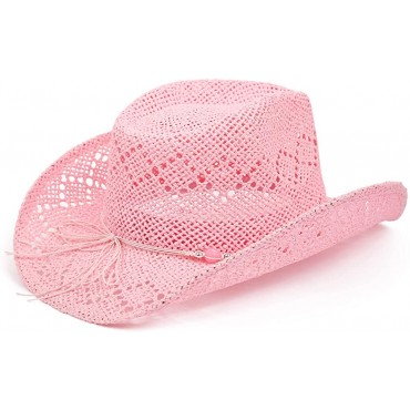 TOVOSO Western Cowgirl Hat Straw Cowboy Hat for Women with Shapeable Brim Beaded Hearts Trim Shapeable Cowboy Hat - BVLRY1NQQ