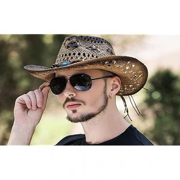 Western Cowboy Straw Hat Vintage Beach Men & Women's Woven Straw-Hat Wide Brim Cowgirl Hat - BHDVKE8JS
