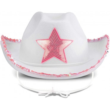 White Cowgirl Hats Pack of 2 Pink Star Cow Girl Hat with Sequin Trim Fringe Adjustable Neck Draw String Adult Size Cowboy Hat for Costume Party Play Dress-Up Fits Most Women - BLYU6Z5JT