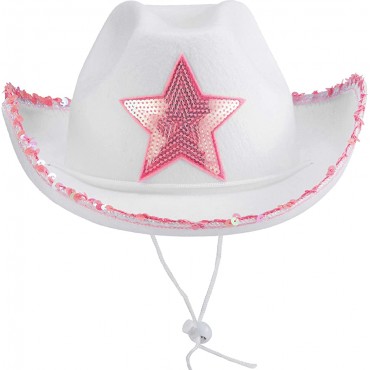 White Cowgirl Hats Pack of 2 Pink Star Cow Girl Hat with Sequin Trim Fringe Adjustable Neck Draw String Adult Size Cowboy Hat for Costume Party Play Dress-Up Fits Most Women - BQSU2O5Y2
