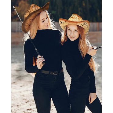 Zhanmai Woven Straw Cowboy Cowgirl Hat 2 Pieces Wide Cowboy Hats for Women Men and Women's Cowboy Hats for Clothing Costume - BW01NQHYM