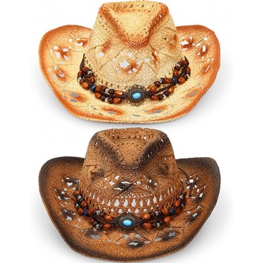 Zhanmai Woven Straw Cowboy Cowgirl Hat 2 Pieces Wide Cowboy Hats for Women Men and Women's Cowboy Hats for Clothing Costume - B6XVM9A9F