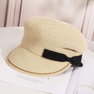 ASO-SLING Plain Color Brim Beret Hats for Womens Elegant Straw Newsboy Cap Female Lady Bowknot Military Caps - B26QS1NDC