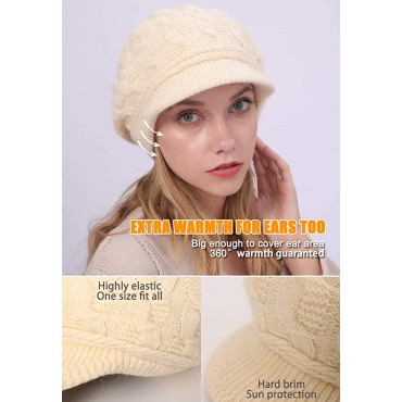 DRIONO Fleece Lined Newsboy Cap Hat Knitted Beanie with Brim Cloche Hat for Women - BFVKALK3A