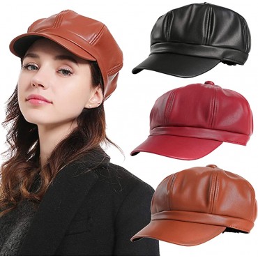 FaLasoso Women Beret PU Leather Casual Newsboy Cap Vintage Octagonal Flat Cap Gatsby Driving Ivy Hat Black - BDY67R4U0