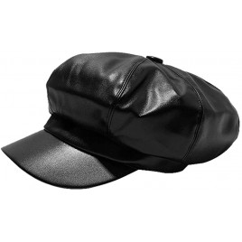 Leather Newsboy Hats for Women 8 Panel PU Leather Cabbie Painter Hat Baker Boy Hat Beret Cap with Elastic Band at Back for Finding a Suitable Head Position Black - B8J9ERJRY