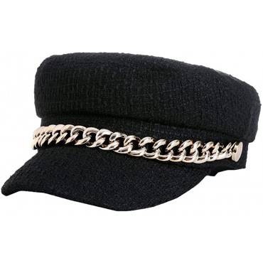 Newsboy Hats for Women Retro Plaid Weave Flat Top Beret Cap Metal Chain Rope Elegant Visor Military Navy Hat - BY0NXMBZX
