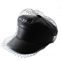 Spring Summer Octagonal Cap Women Solid Black PU Lace Veil Newsboy Caps Fashion Beret Hats - BBWDOT5BM