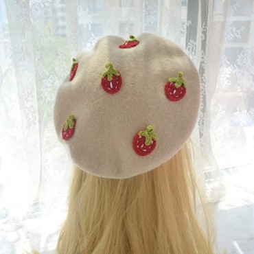 Woman Wool Felt Flat Top Berets Japanese Comfortable Handmade Strawberry Cabbie Hat Casual Warm Lined Newsboy Caps for Girl - BPZE63HLT