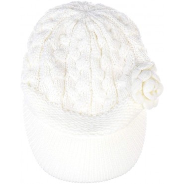 Womens Winter Elegant Cable Flower Knitted Newsboy Cabbie Cap Beret Beanie Hat with Visor Warm Plush Fleece Lined - BS4WRFNHO
