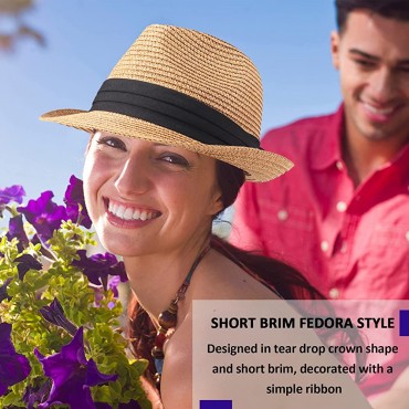 Echolife 2 Pack Men Women Straw Fedora Hat Roll Up Short Brim Trilby Panama Summer Beach Sun Hats - BGJT5HAME