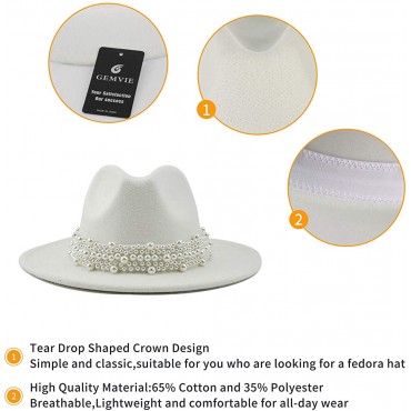 EOZY Women's Vintage Pearl Band Fedora Hat Trendy Wide Brim Trilby Panama Hat - BHFX31BI6