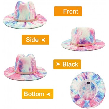 Gossifan Tie-dye Wide Brim Fedora Hats for Women Multicolor Felt Panama Hat - BE0C38481