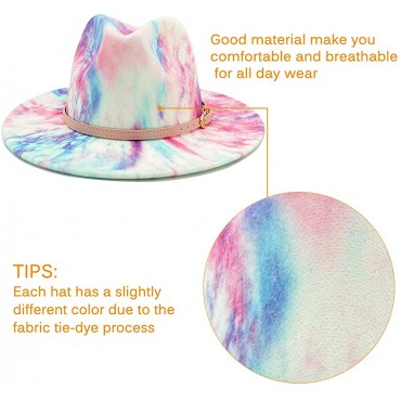 Gossifan Tie-dye Wide Brim Fedora Hats for Women Multicolor Felt Panama Hat - BE0C38481