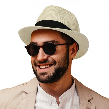 Hat Hut Fedora Straw Sun Hat for Men Women Short Brim Panama Trilby Beach Hat UPF 50+ Packable Summer Hat - BPTPHSNMH