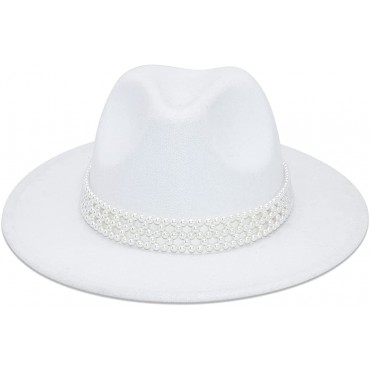 HUDANHUWEI Womens Wide Brim Fedora Hat with Pearl Band Lady Panama Hat - BAX232YLB