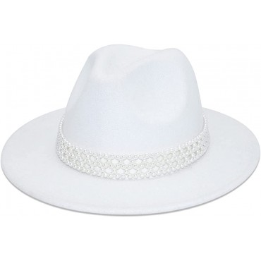 HUDANHUWEI Womens Wide Brim Fedora Hat with Pearl Band Lady Panama Hat - BAX232YLB