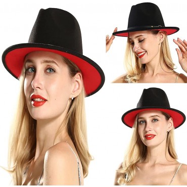 INOGIH Black Red Bottom Fedora-Hat-for-Women and Men Wide-Brim Patchwork Two-Tone Panama-Hats with Belt - BYSUZBJ7M
