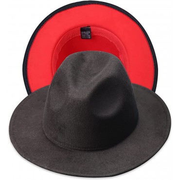 INOGIH Black Red Bottom Fedora-Hat-for-Women and Men Wide-Brim Patchwork Two-Tone Panama-Hats with Belt - BIIMXMVB1