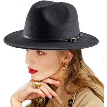 LADYBRO Fedora Hats for Women 3 Changeable Bands Belt Buckle 100% Wool Felt Wide Brim Straw Panama Hat - B6FNNMD2L