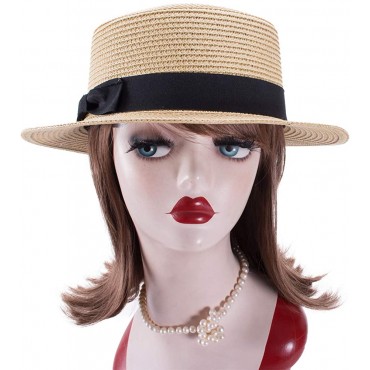 Lawliet Womens Straw Boater Hat Fedora Panama Style Flat Top Ribbon Summer A456 - BAIU9PZ29