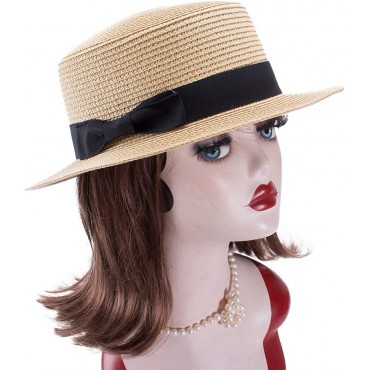 Lawliet Womens Straw Boater Hat Fedora Panama Style Flat Top Ribbon Summer A456 - BAIU9PZ29