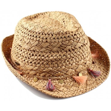 Straw Fedora Sun Hat Natural w Tassels - B12T9OZ5T