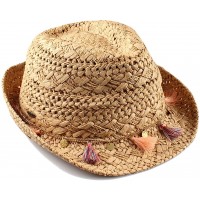 Straw Fedora Sun Hat Natural w Tassels - BZTQ698RG