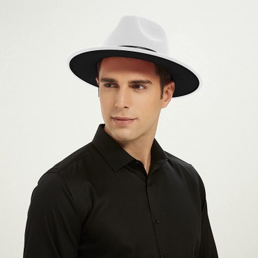 Two Tone Wide Brim Fedora Hats Classic Felt Panama Hat with Belt Buckle for Women & Men - BXF6TVD56