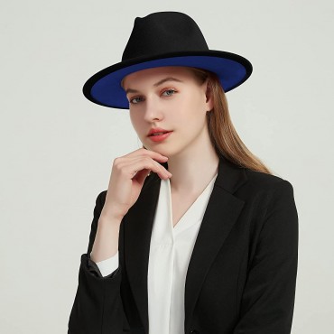 Wide Brim Fedora Hats for Women Men Two Tone Dress Hat Felt Panama Hat in Two Audlt Size - B6J8EBFJU