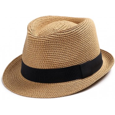 Womens Short Brim Straw Sun Hat Fedora Trilby Hat Panama Men Roll Up Packable Beach Hats - B2XY4VPQ7