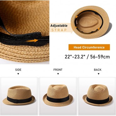 Womens Short Brim Straw Sun Hat Fedora Trilby Hat Panama Men Roll Up Packable Beach Hats - B2XY4VPQ7