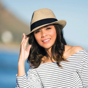 Womens-Sun-Hat Summer-Straw-Fedora Hat Foldable-Panama Beach-Sun Hat Short Brim Trilby-Hat M-L Adjustable String Bulit-in - BYEYZMIYN